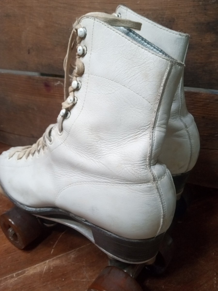 Patins à Roulettes Vintage Femme – Hyde Chicago Skate Co – Taille 5, Cuir Blanc, Roues En Bois – Occasion USA