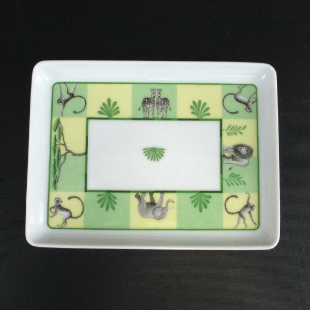 HERMES エルメス AFRiCA アフリカ スクエアプレート グリーン HERMES Plate Africa Series Rectangular Green ELEPHANT MONKEYS