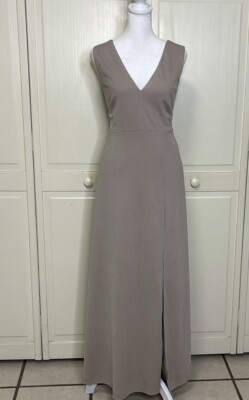 Birds Grey Women's Shamim Crepe Taupe Formal Minimal Elegant Maxi Dress Sz  M | eBay