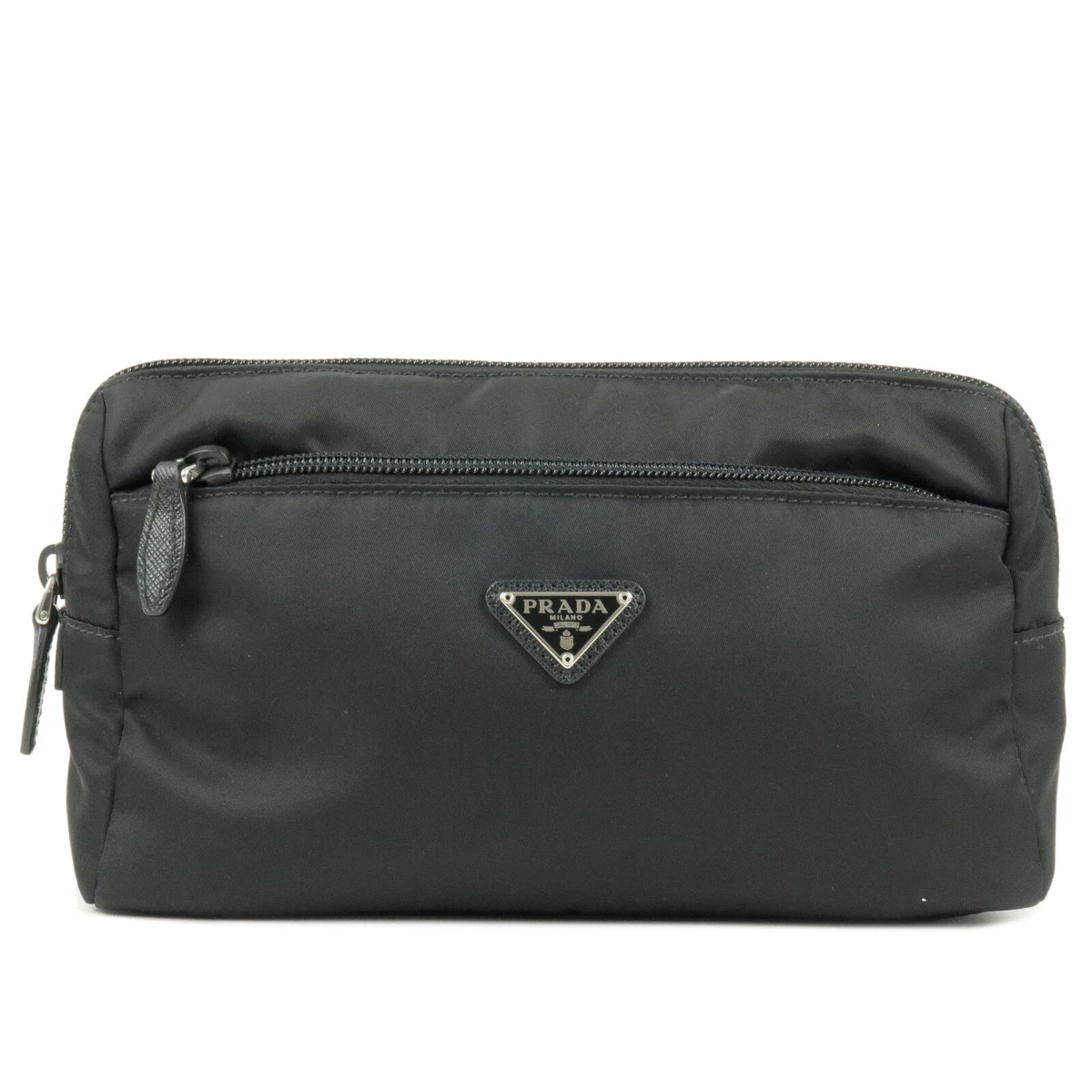 Auth PRADA LogoPouch Clutch Bag NERO Black Nylon Leather 1NA015 Used