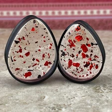 Black Steel Teardrop Plugs with Embedded Red Metallic Flakes (EMB-017) gauges