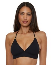 BECCA Rebecca Virtue Ribbed Bikini Top Black Triangle D Cup Gold Hardware NWT