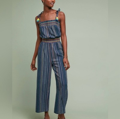 Anthropologie Laia XL Jumpsuit Naomi Blue Rainbow Cruise Resort Boho Tassel