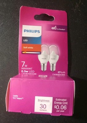 Philips 0.5W C7 LED Night Light Bulbs 7W  Candelabra E12 Soft White 2 Pack 