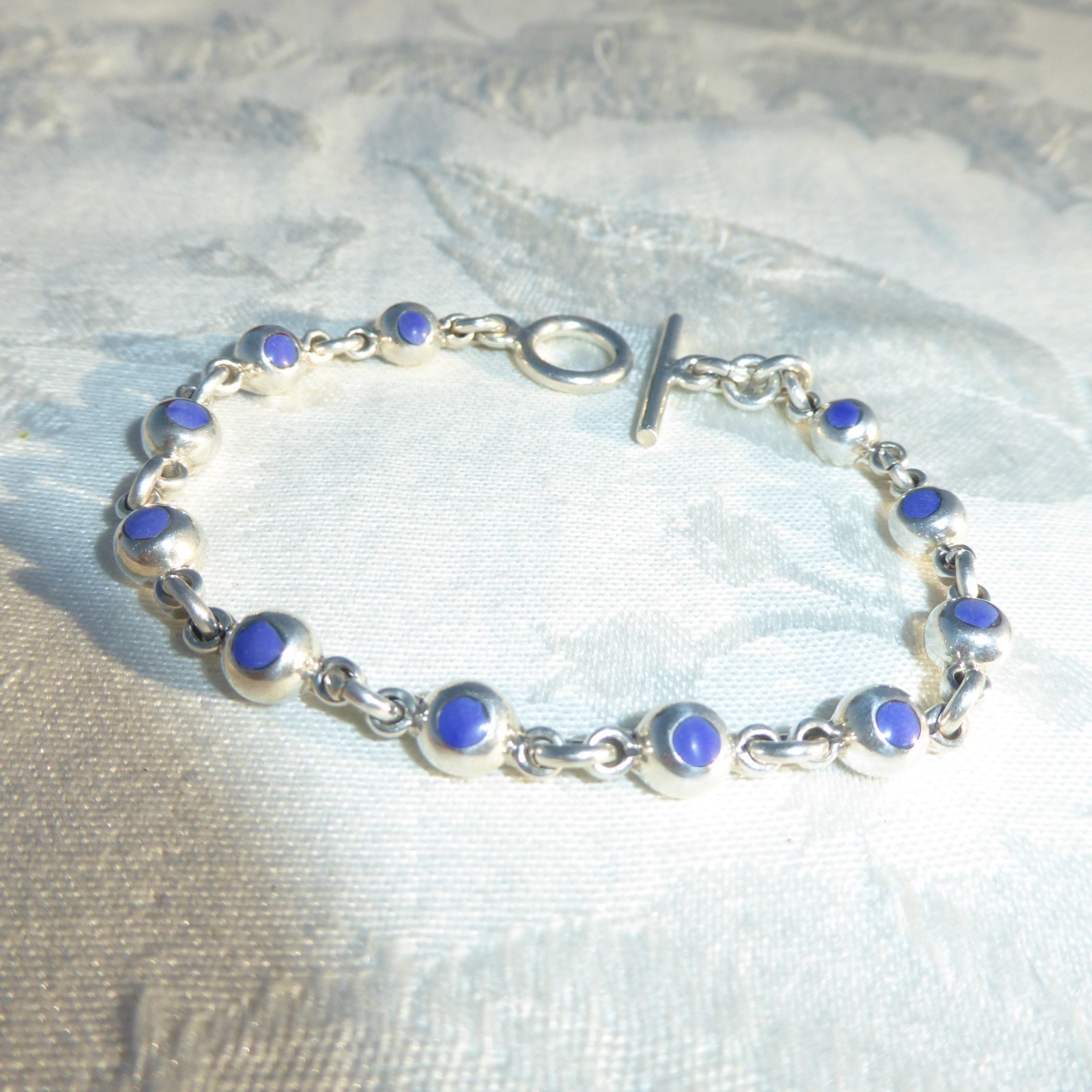 Wonderful Vintage Mexico Sterling Silver 925 Lapis Lazuli Round Links Bracelet