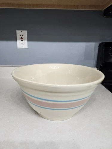 Vintage McCoy Pottery  Large 12” Oven Ware Mixing Bowl Pink Blue Stripe