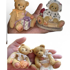 Set of 4 Small Resin Teddy Bear Birthday Figurines, Brown Multicolor, Kids Gift