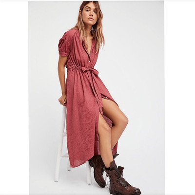 Free People Retro Mini Check Gingham Waist Tie Hi Lo Button Down Midi Dress XS