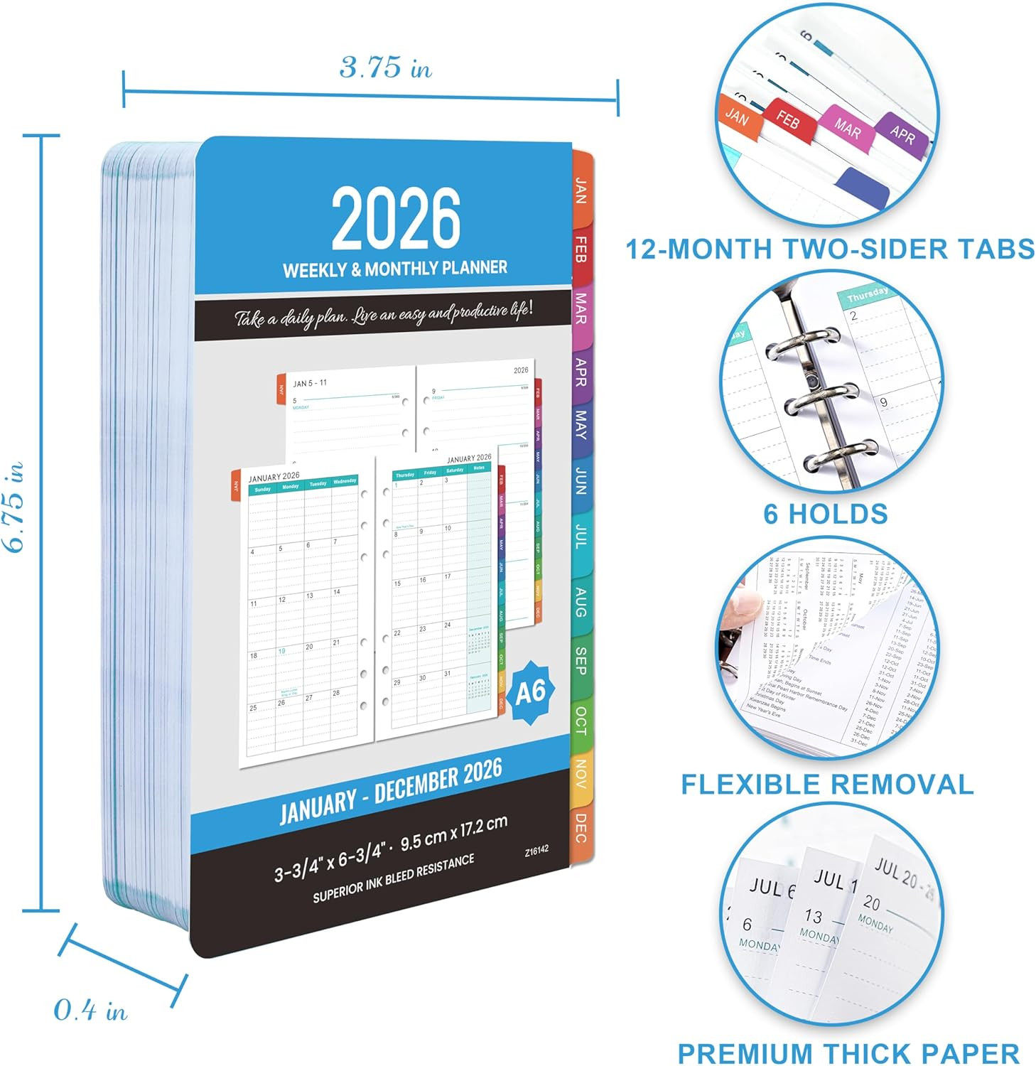 2026 Planner Refills - A6 Weekly and Monthly Planner Inserts, 4" X 6.73", Jan. 2