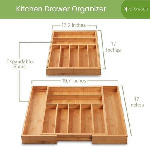 Purawood Bambù Argenteria Organizzatore Espandibile Cucina Cassetto Utensile NUOVO - Foto 7 di 7