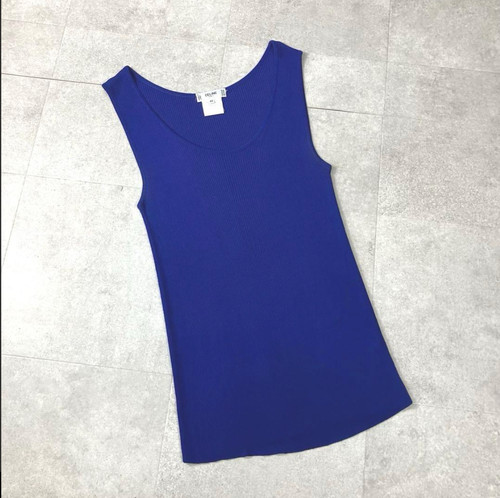 CELINE Paris Ribbed Knit Sleeveless Top Blue Rayon Made In Italy Size 44