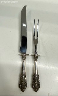 Wallace Grand Baroque Sterling Silver Handed Carving Fork and Knife 300 Grams