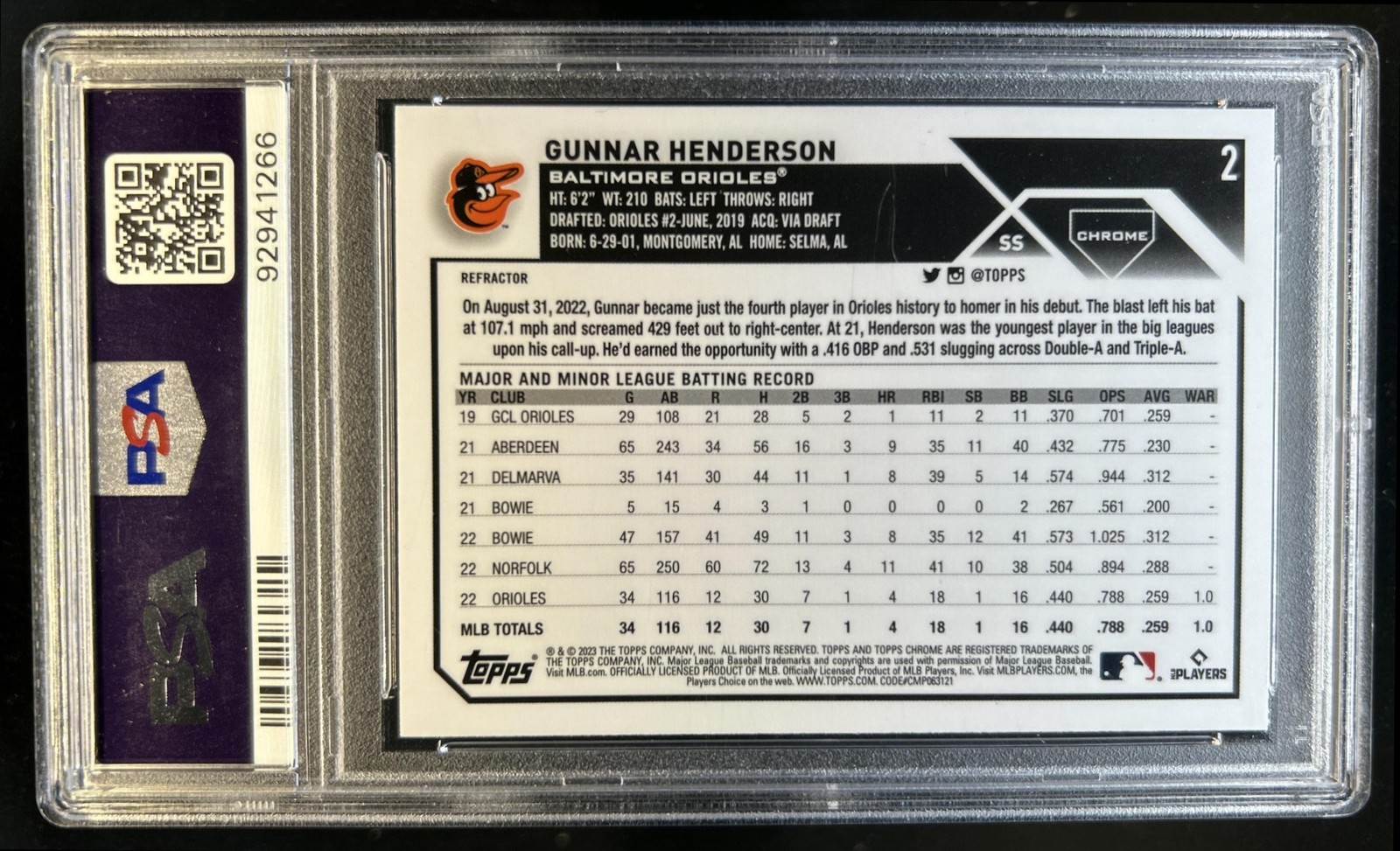 2023 Topps Chrome Gunnar Henderson Auto Refractor Rookie RC #2 Orioles PSA 10 10 view 2
