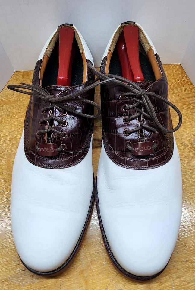 Tênis de golfe Oxford masculino Polo Ralph Lauren sela 11D marrom jacaré/couro branco - Imagem 2 de 4