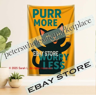 Purr More Worry Less Funny Cat Quote Wall Tapestry pet humor 39X59 in
