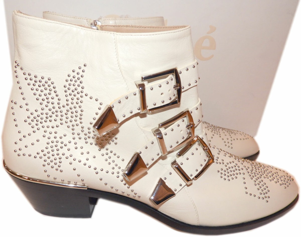Chloe Boots Susanna Tinsel Stud Booties Motorcycle Ivory Ankle