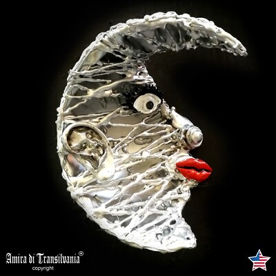 art assemblage original sculpture mixed media collage surrealism eye silver moon