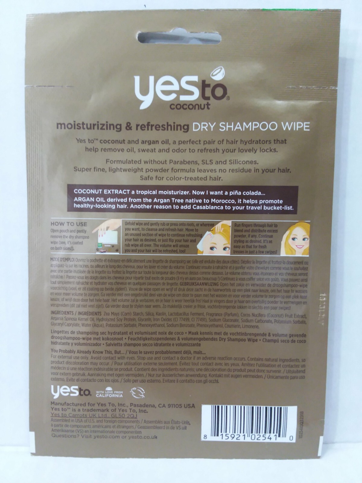 Lot of 20 Yes to Coconut for Blondes Ultra Hydrating Dry Shampoo Wipe