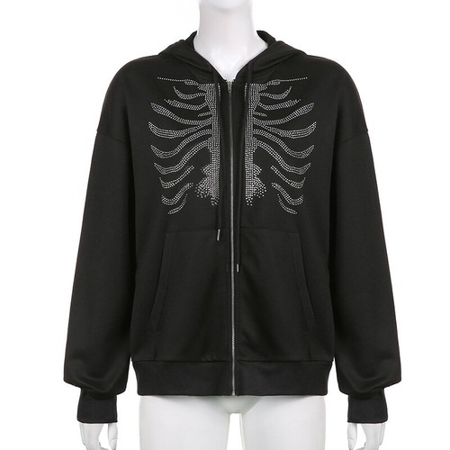 Felpa gotica con cappuccio y2k zip donna strass teschio oversize cappotto top - Foto 3 di 10