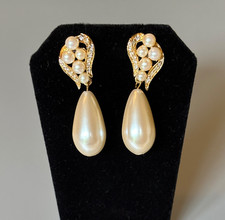 Bridal Wedding Rhinestone Faux Pearls Dangling Drop Earrings 2" Pierced GoldTone