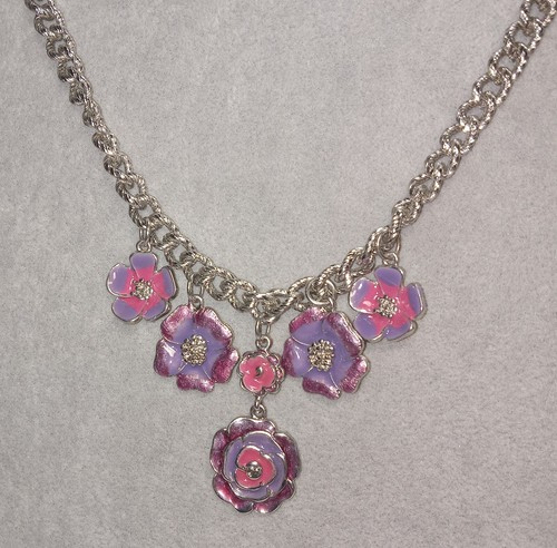 Choker Necklace Pink Purple Flower Enamel Silver Tone Whimsical Preppy Unique 
