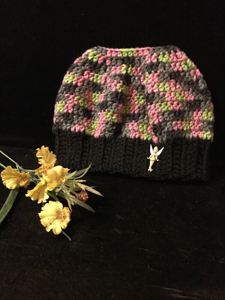 Hand Made Knit Messy Bun/Ponytail Hat Gray/black/ Pink/ Fairy