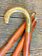 Vintage Brass Handle Wooden Walking Stick   Handcrafted with Floral Engraving