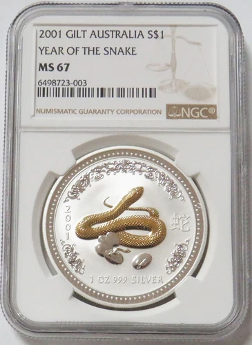 2001 SILVER AUSTRALIA 1 OZ GILT $1 YEAR OF SNAKE LUNAR COIN NGC MS 67