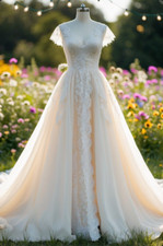 Vintage White Ivory Wedding Dresses Lace Appliques Deep V Neck Bridal Gowns