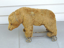 Antique Early 1900 Teddy Bear on Wheels Brown Mohair Stuffed RIde, Pull Toy