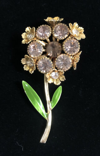 Vintage Gold Tone Flower Brooch Pink & White Gems… - image 1