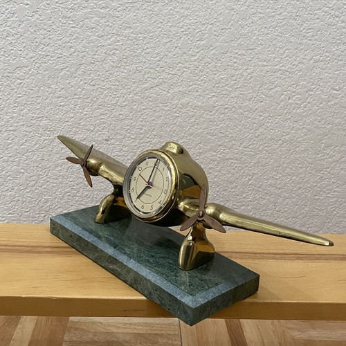 Vintage SARSAPARILLA Brass Airplane Desk Clock Marble Base NOT WORKING For Parts - Picture 2 of 12