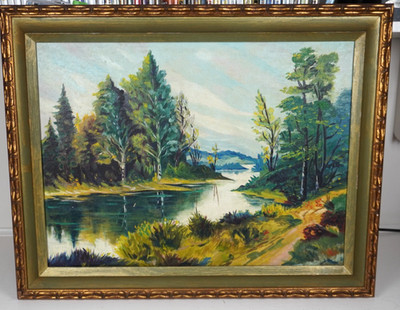 Antique Original Oil Painting Forest Landscape Large Canvas 29  x  24 