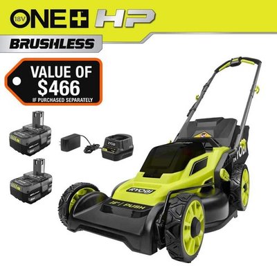 #ad RYOBI ONE HP 18V Brushless 16 in. Cordless Lawn Mower w 2 4.0 Ah Batteries $259.95