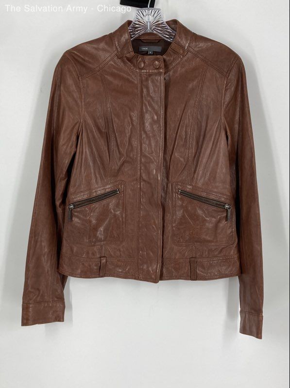 Vince Womens Brown Leather Long Sleeve Pockets Motorcycle Jacket Size S