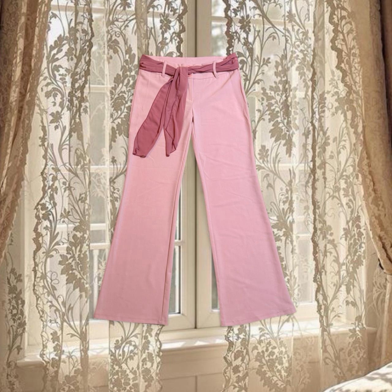 Vintage Y2K Deadstock Pink Low-rise Flare Pants with Chiffon Scarf Belt
