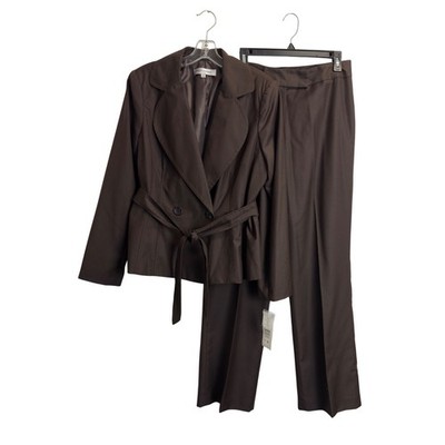 NEW Harve Benard Womens 12 Brown 2 Piece Pant Suit Set Double Breasted Belted