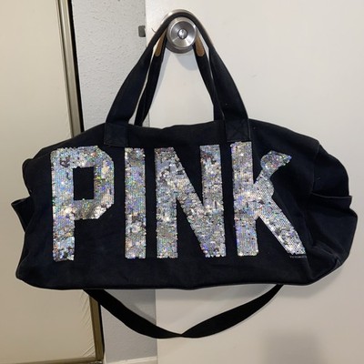 Victoria Secret VS Black Silver Bling Sequin Duffle Bag Travel 