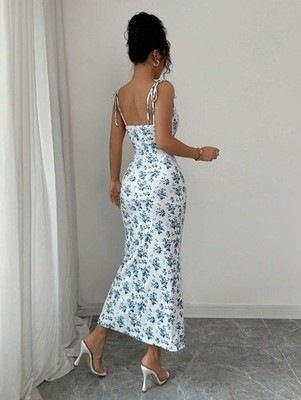 ruched bust floral dress Ruched Bust Tie Front Floral Print Dress, BlueFloral / XS