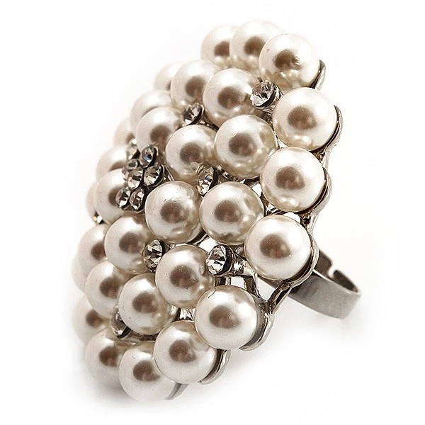 Übergroßer weißer Imitation Perle Diamant Cocktailring (Silberton Metall) - - Bild 3 von 4