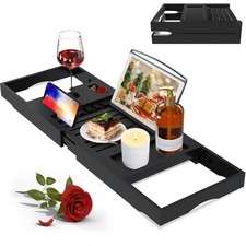 Bathtub Tray Caddy, Expandable Bamboo Bath for Tub Foldable, Black
