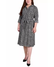 NY Collection Plus Size 1X Printed Shirt Dress Black Beige