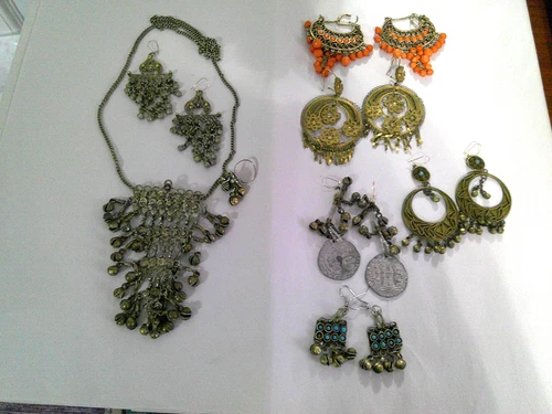 Vtg 60s/70s Hippie Boho Lot Costume Jewelry Brass Gypsy Style Necklace Earrings