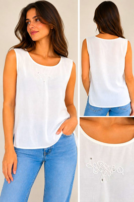 Damen Top Gr. 40 Weiß Ärmellos Rundhals Stickerei Basic Normalgröße uni