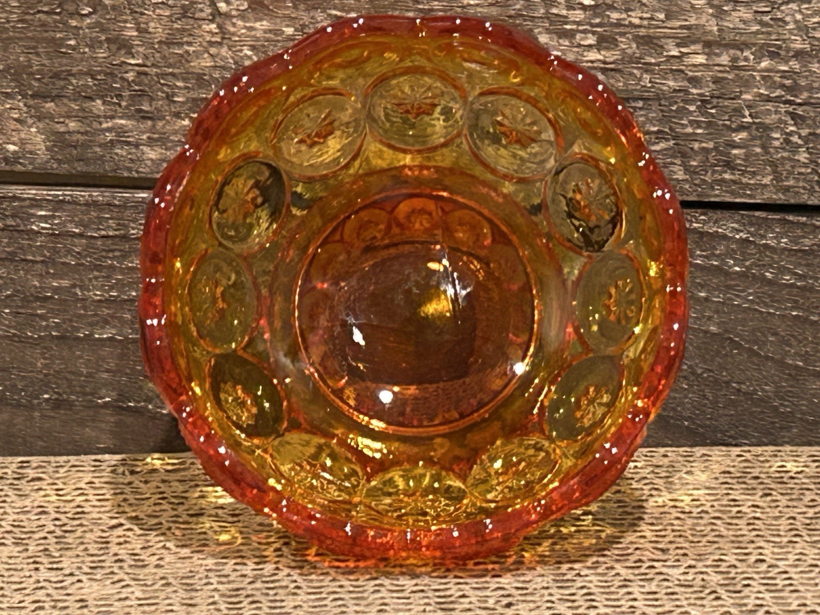 Vintage L E SMITH MOON and STARS FOOTED DISH RED ABERINA GLASS BOWL 4.5"