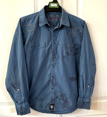 Wrangler Rock 47 Shirt Men L Blue Tie Dye Pearl Snap Embroidered Rockabilly L/S