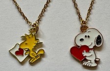 CHOICE: SNOOPY OR WOODSTOCK W HEART ENAMEL CHARM PENDANT NECKLACE 18" GP read