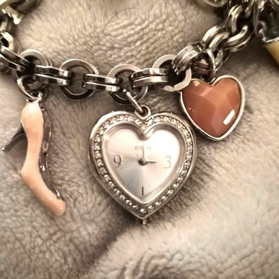 Vintage GUESS Y2K Chunky Silver Charm Bracelet Watch Heart Rhinestone Girly