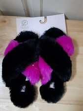 Chinese Laundry Black/Fuchsia Faux Fur Slippers Size Small 5-6 NEW WITH TAGS