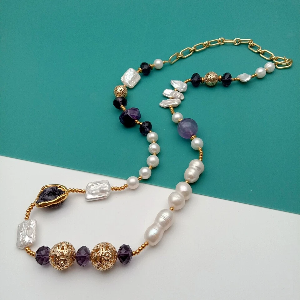 Collar Largo 29" Perla Blanca Cultivada Agua Dulce Cristal Amatista Foto 3 de 4